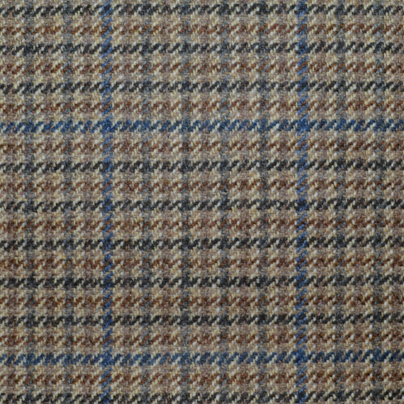 Beige with Light Brown and Blue Small Box Check All Wool Scottish Tweed