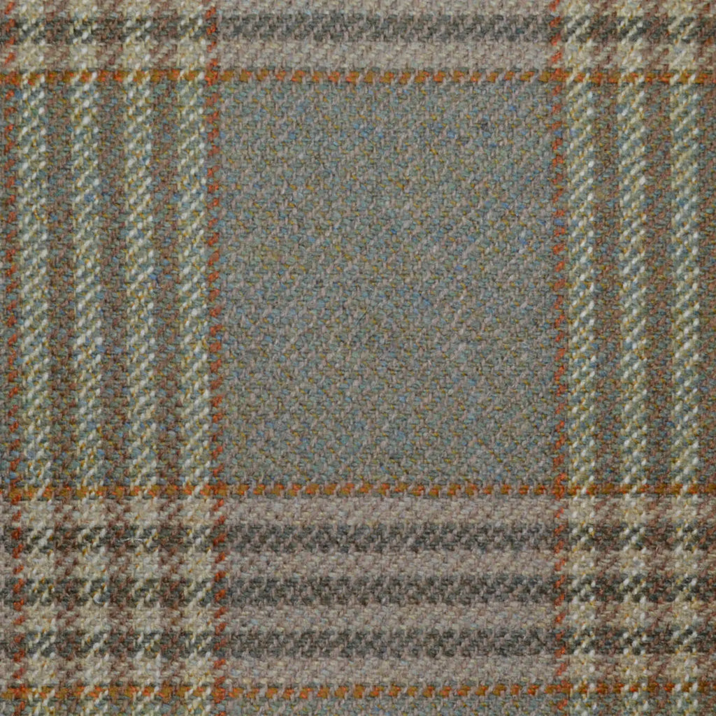 Beige/Green with Dark Brown and Tan Plaid Check All Wool Scottish Tweed