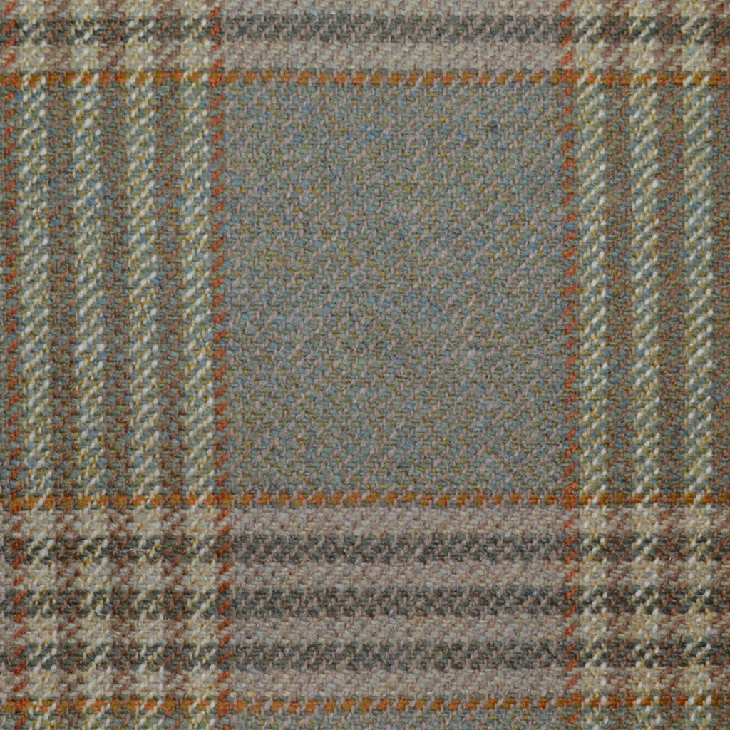 Beige/Green with Dark Brown and Tan Plaid Check All Wool Scottish Tweed