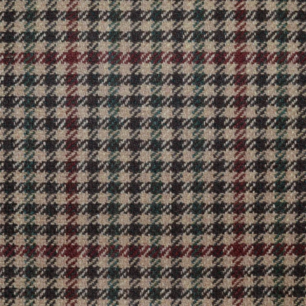 Beige with Dark Brown, Green and Burgundy Gun Check All Wool Scottish Tweed