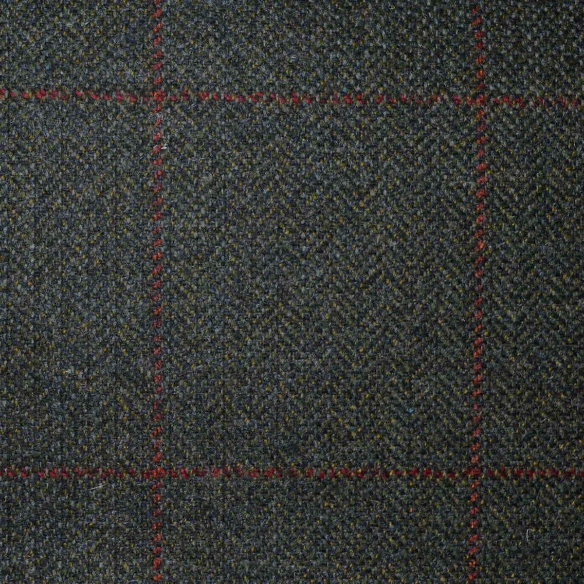 Dark Green Herringbone with Orange and Red Check All Wool Scottish Tweed
