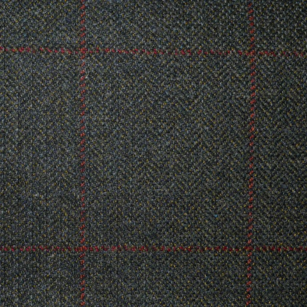 Dark Green Herringbone with Orange and Red Check All Wool Scottish Tweed