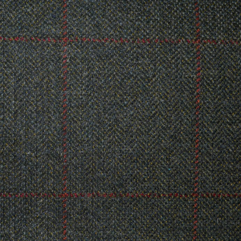 Dark Green Herringbone with Orange and Red Check All Wool Scottish Tweed