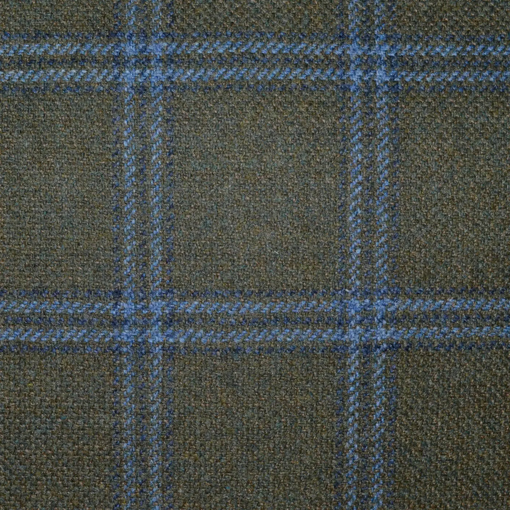 Moss Green with Navy Blue and Light Blue Triple Check All Wool Scottish Tweed