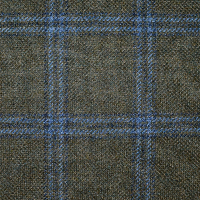 Moss Green with Navy Blue and Light Blue Triple Check All Wool Scottish Tweed