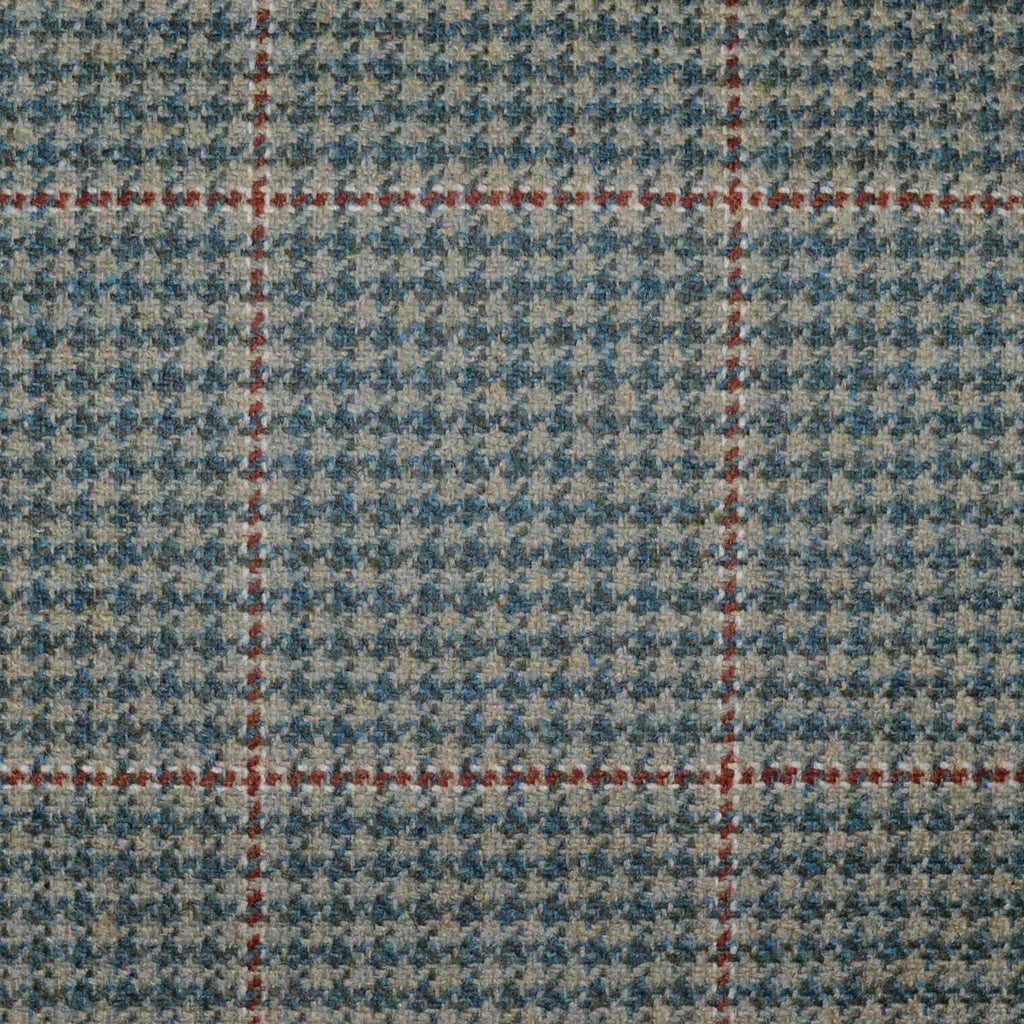 Beige and Green Dogtooth with Red and White Window Pane Check All Wool Scottish Tweed