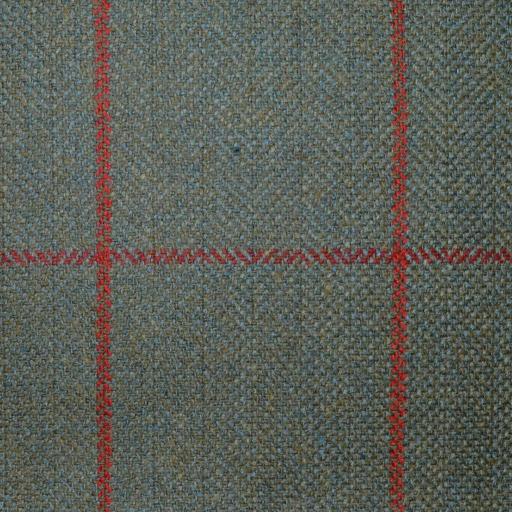 Moss Green Herringbone with Red and Orange Window Pane Check All Wool Scottish Tweed