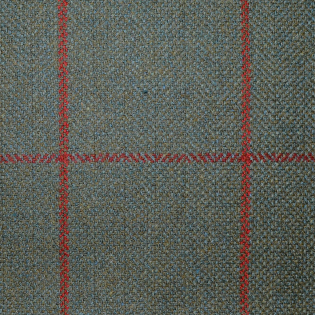 Moss Green Herringbone with Red and Orange Window Pane Check All Wool Scottish Tweed