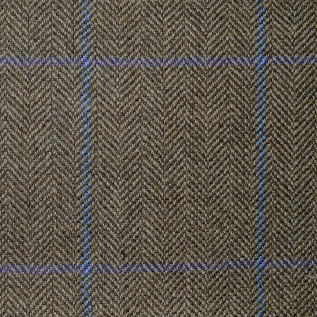 Beige and Brown Herringbone with Blue and Purple Window Pane Check All Wool Scottish Tweed