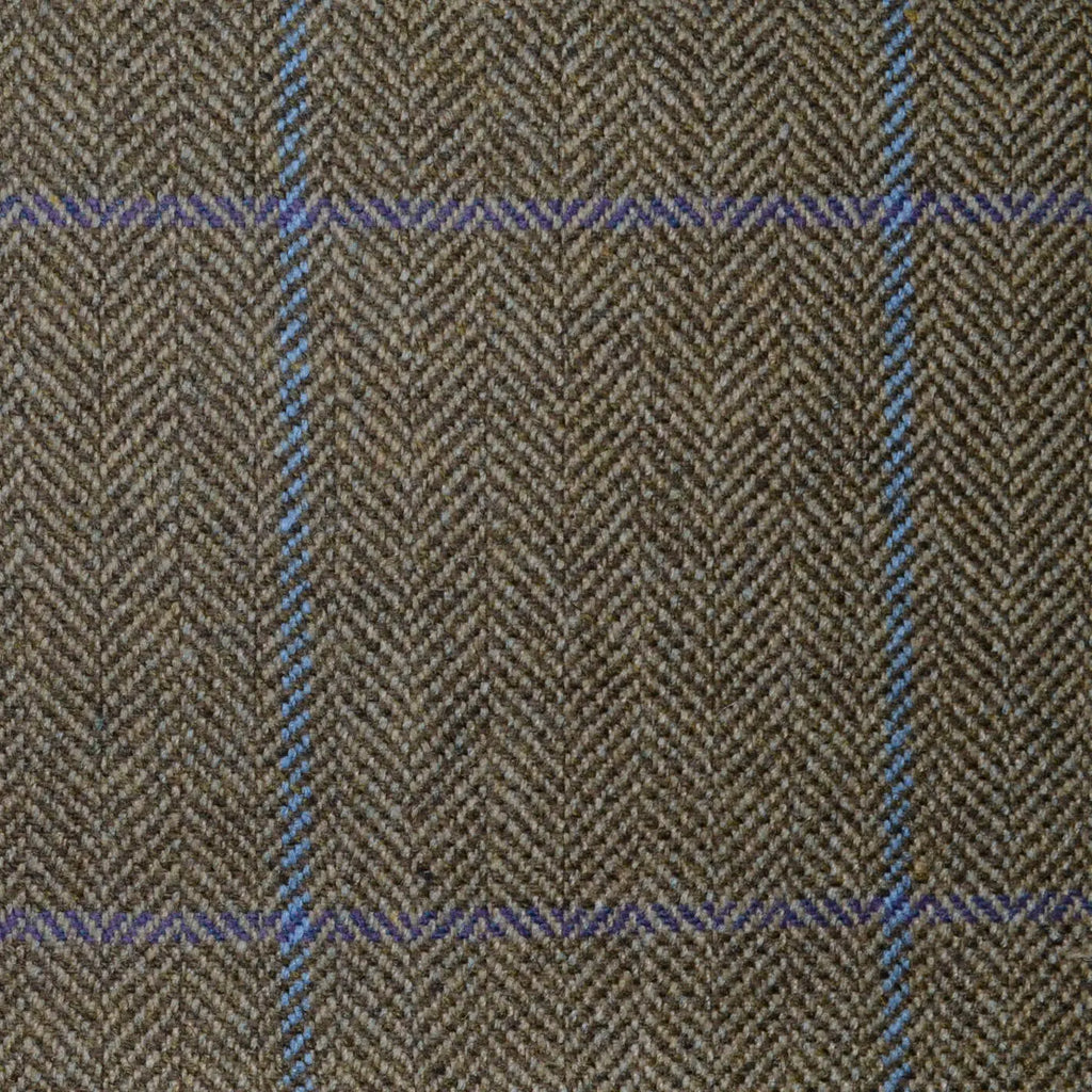 Beige and Brown Herringbone with Blue and Purple Window Pane Check All Wool Scottish Tweed