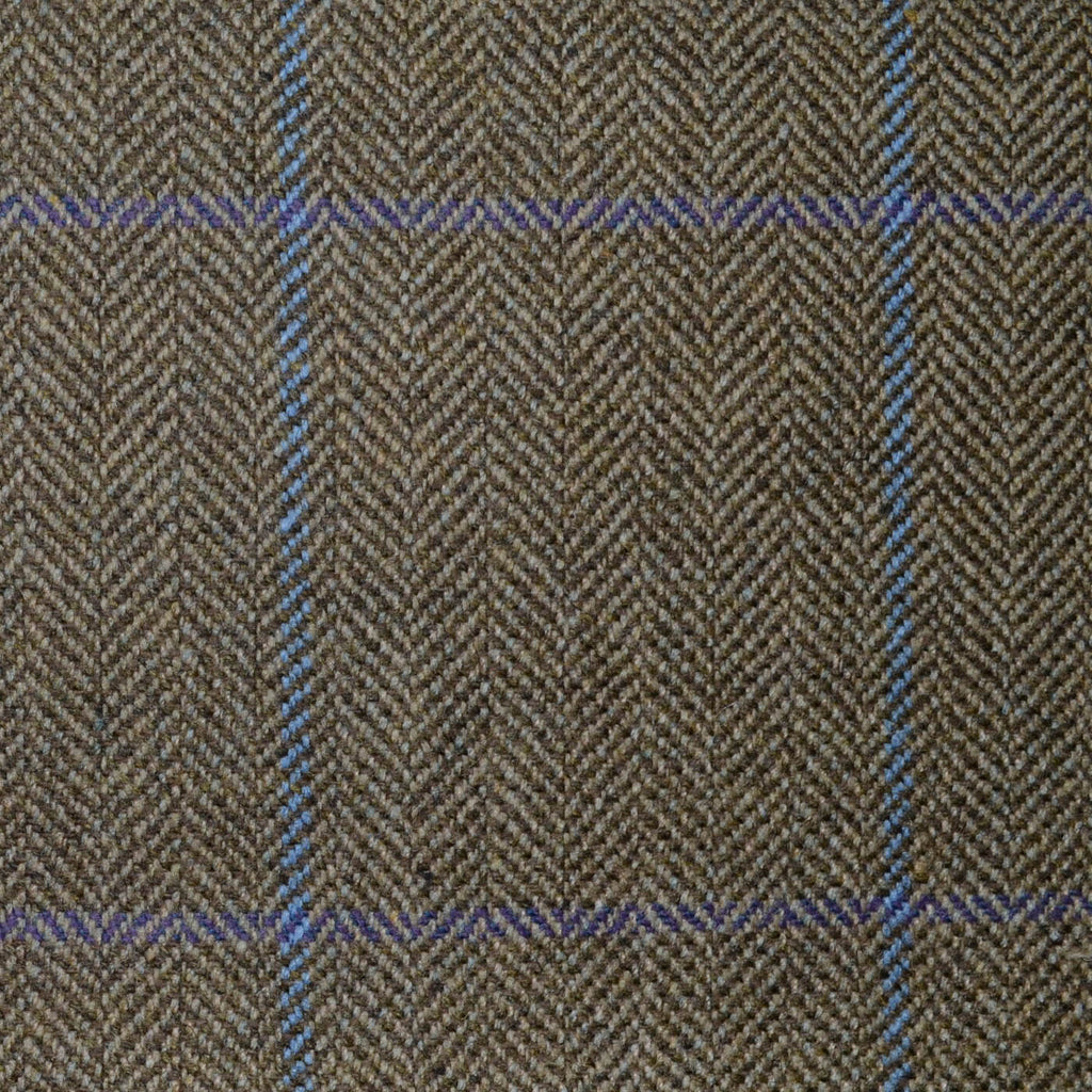 Beige and Brown Herringbone with Blue and Purple Window Pane Check All Wool Scottish Tweed