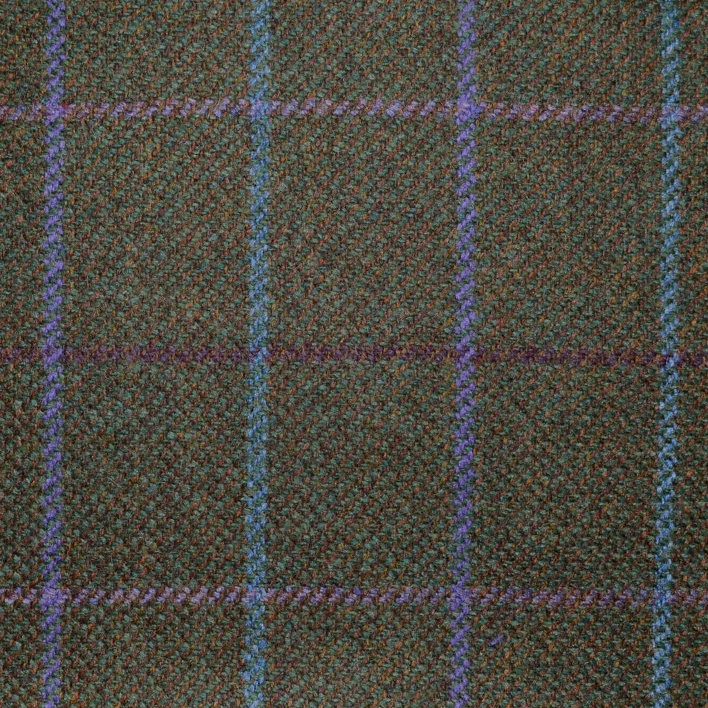 Moss Green with Purple, Plum, Turquoise and Lilac Multi Check All Wool Scottish Tweed