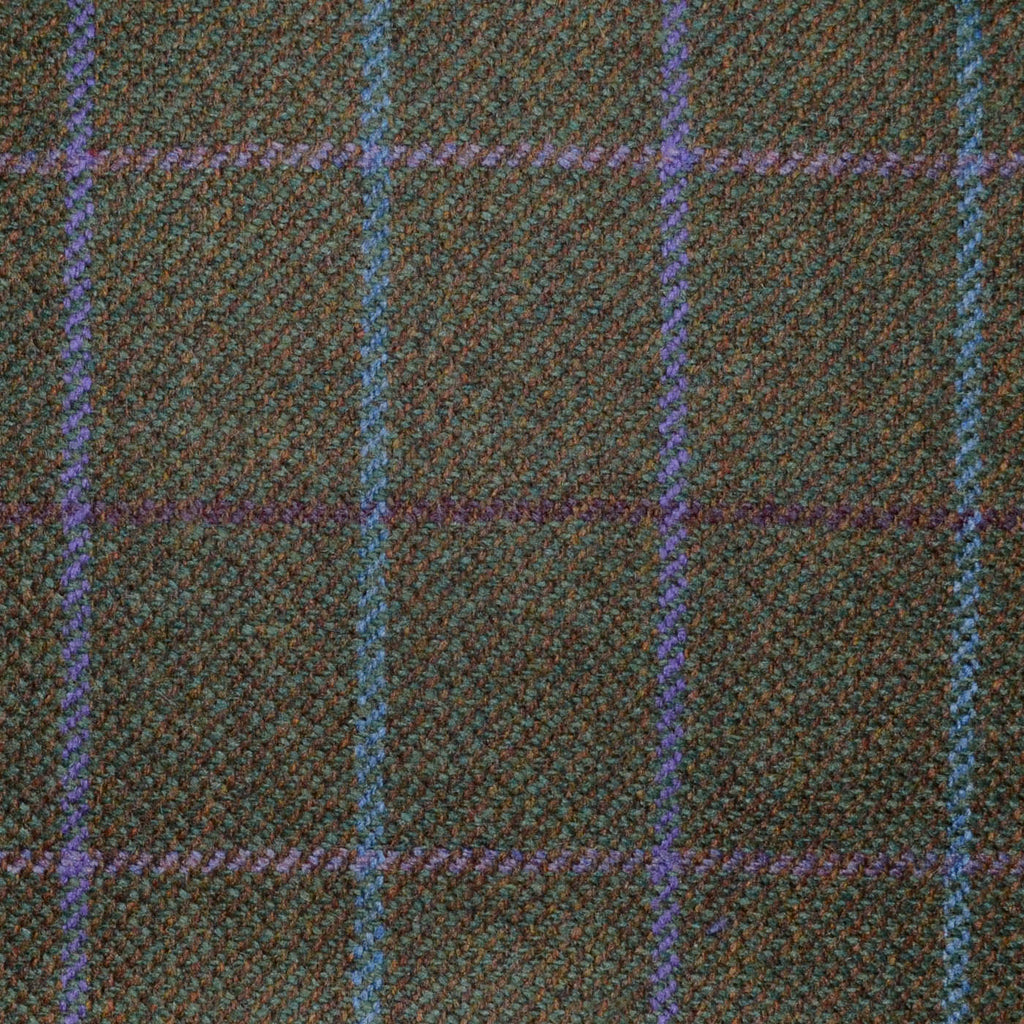 Moss Green with Purple, Plum, Turquoise and Lilac Multi Check All Wool Scottish Tweed