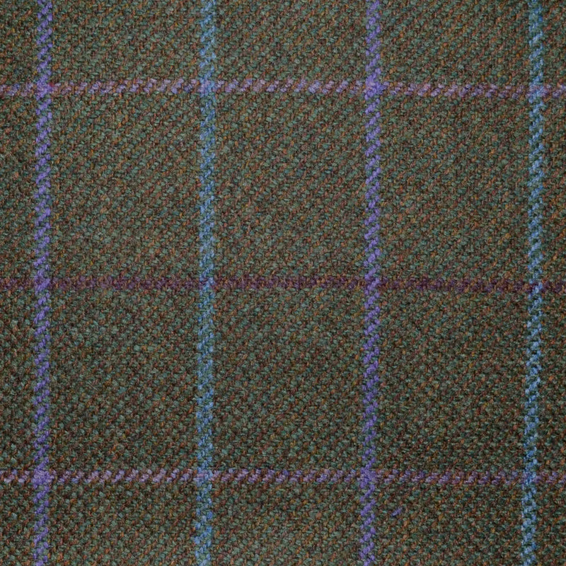 Moss Green with Purple, Plum, Turquoise and Lilac Multi Check All Wool Scottish Tweed