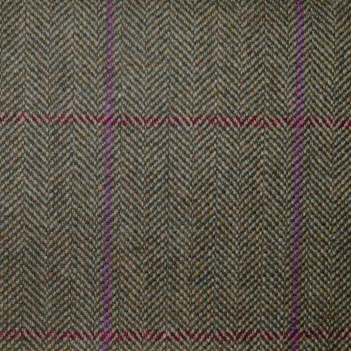 Beige and Moss Green Herringbone with Red and Plum Window Pane Check All Wool Scottish Tweed