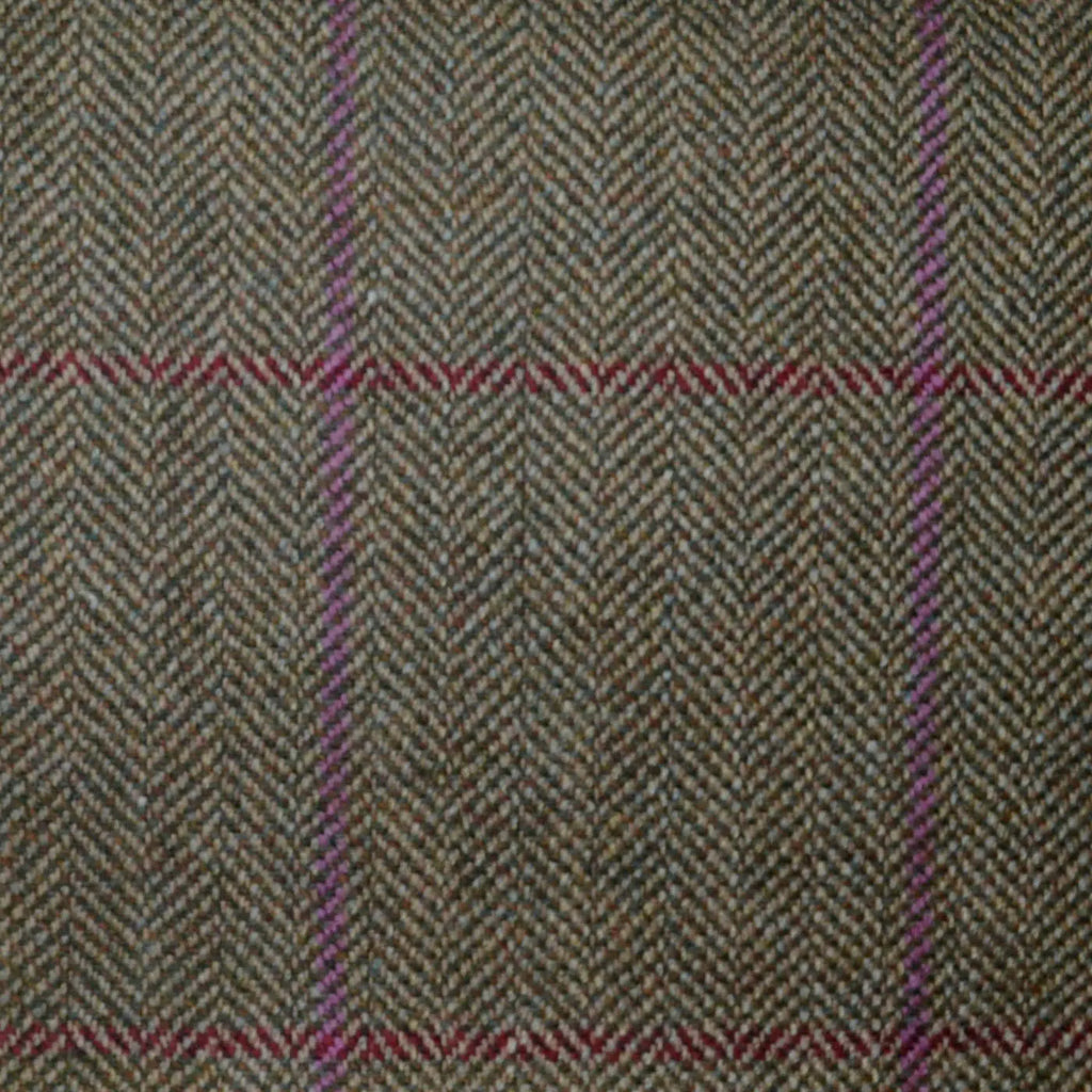 Beige and Moss Green Herringbone with Red and Plum Window Pane Check All Wool Scottish Tweed