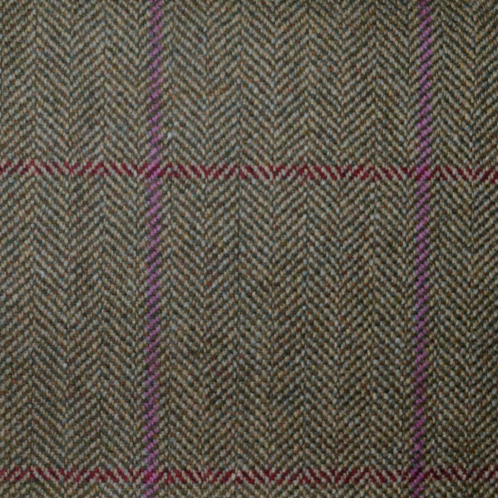Beige and Moss Green Herringbone with Red and Plum Window Pane Check All Wool Scottish Tweed