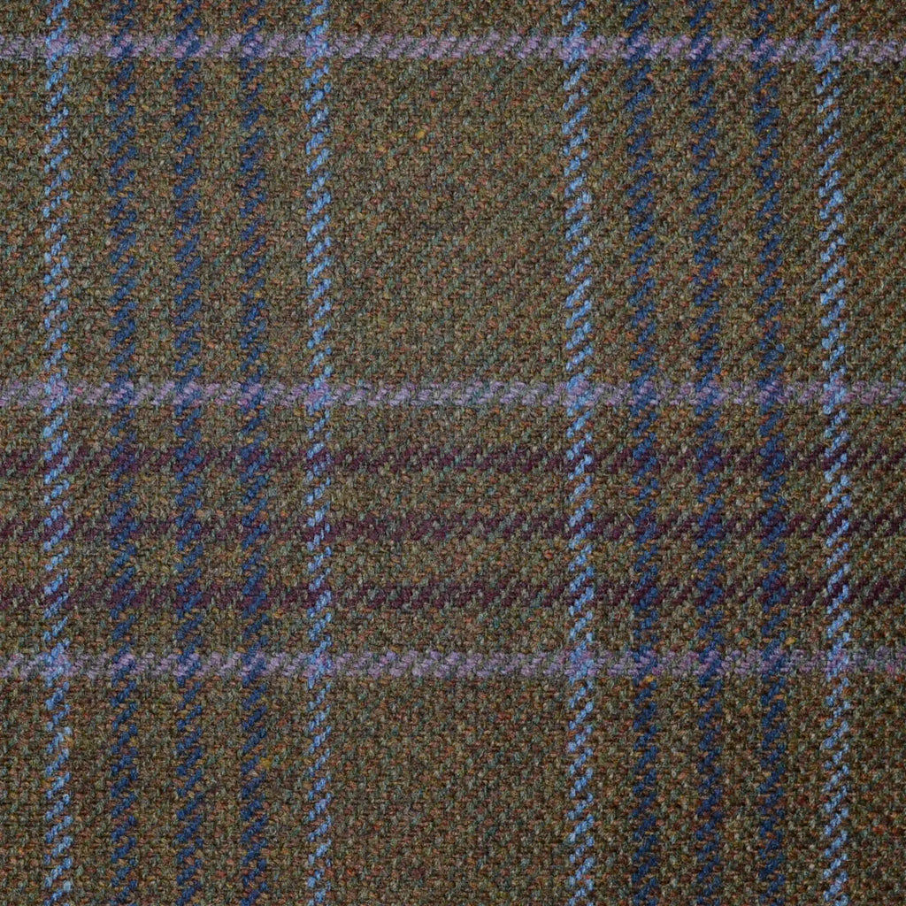 Dark Brown with Navy Blue, Lilac, Sky Blue and Burgundy Multi Check All Wool Scottish Tweed