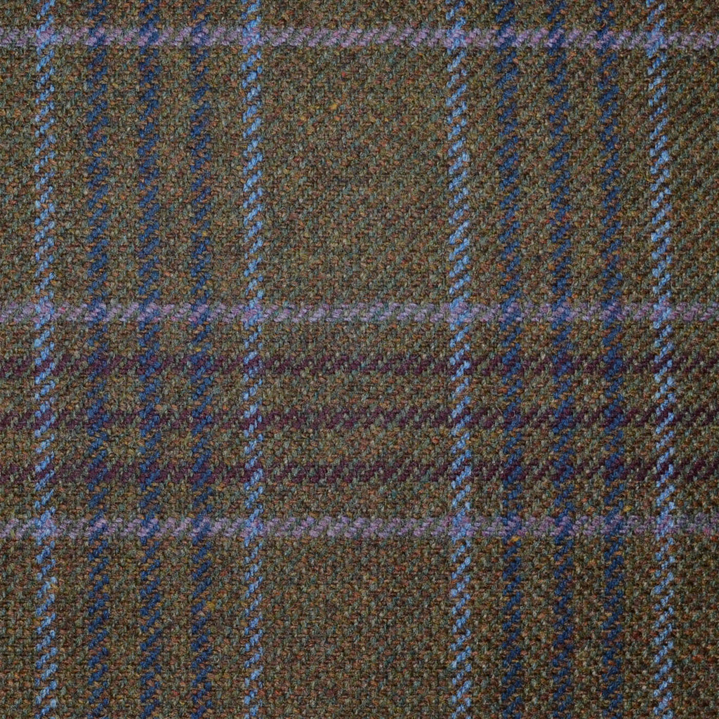 Dark Brown with Navy Blue, Lilac, Sky Blue and Burgundy Multi Check All Wool Scottish Tweed
