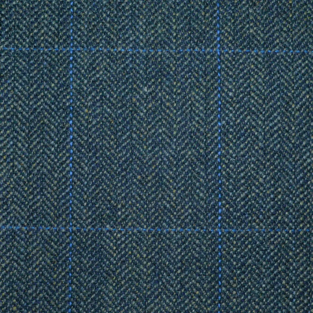 Moss Green and Dark Green Herringbone with Bright Blue Window Pane Check All Wool Scottish Tweed