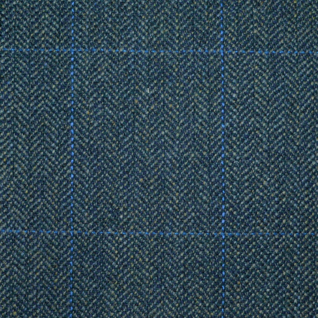 Moss Green and Dark Green Herringbone with Bright Blue Window Pane Check All Wool Scottish Tweed