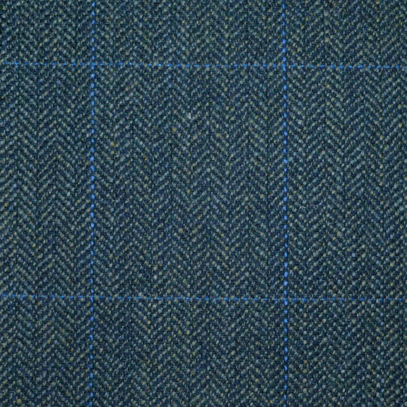 Moss Green and Dark Green Herringbone with Bright Blue Window Pane Check All Wool Scottish Tweed