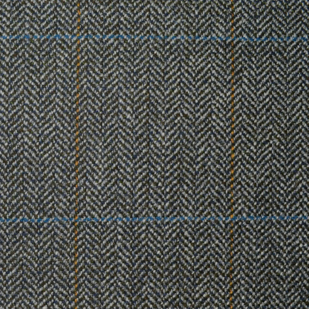 Grey and Dark Grey Herringbone with Blue and Orange Window Pane Check All Wool Scottish Tweed