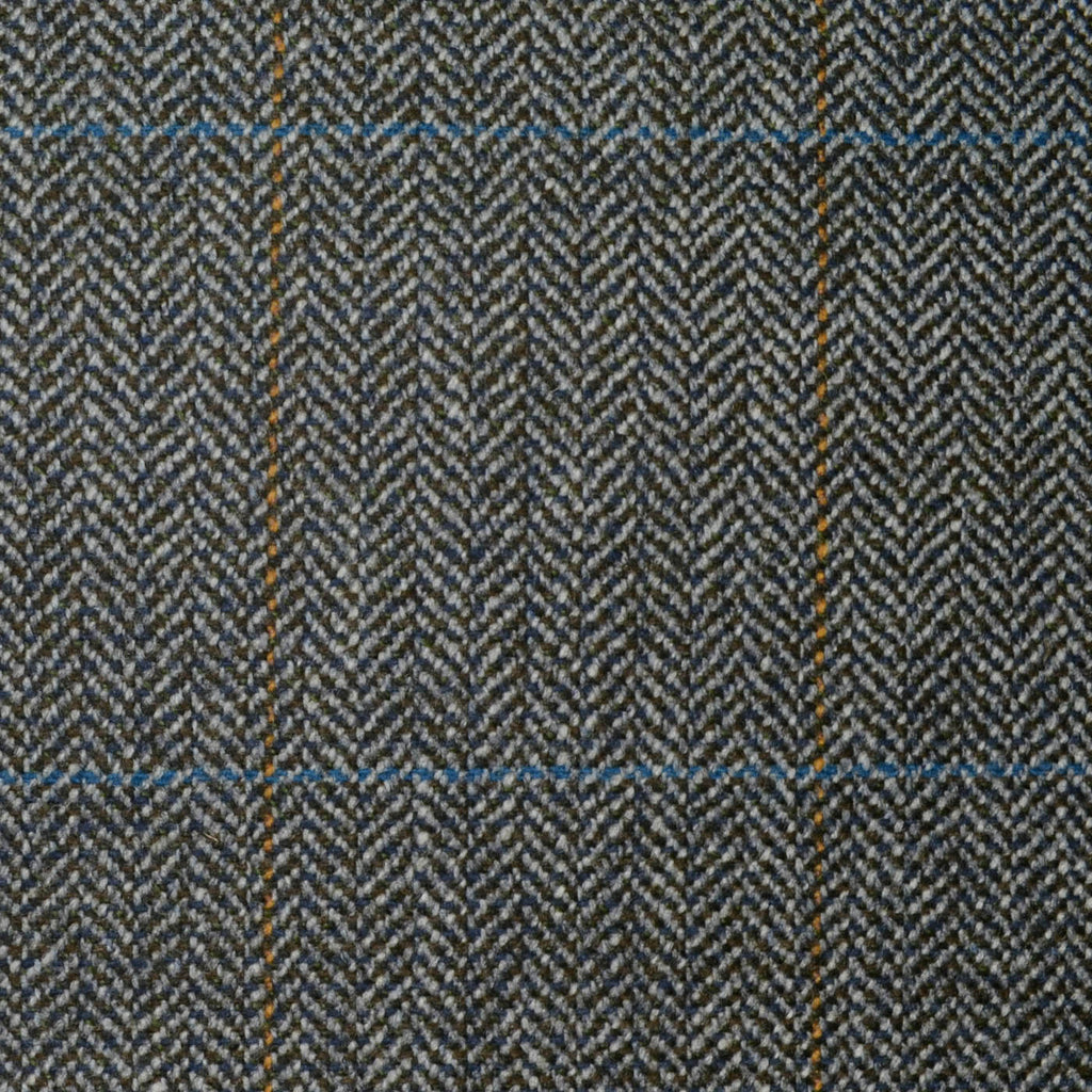 Grey and Dark Grey Herringbone with Blue and Orange Window Pane Check All Wool Scottish Tweed