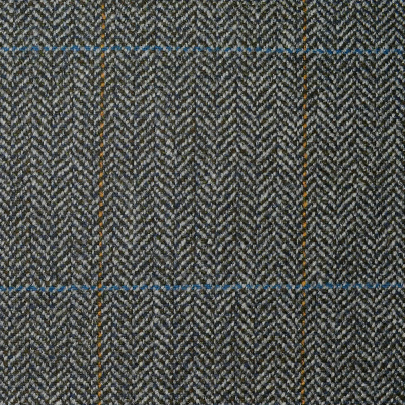 Grey and Dark Grey Herringbone with Blue and Orange Window Pane Check All Wool Scottish Tweed