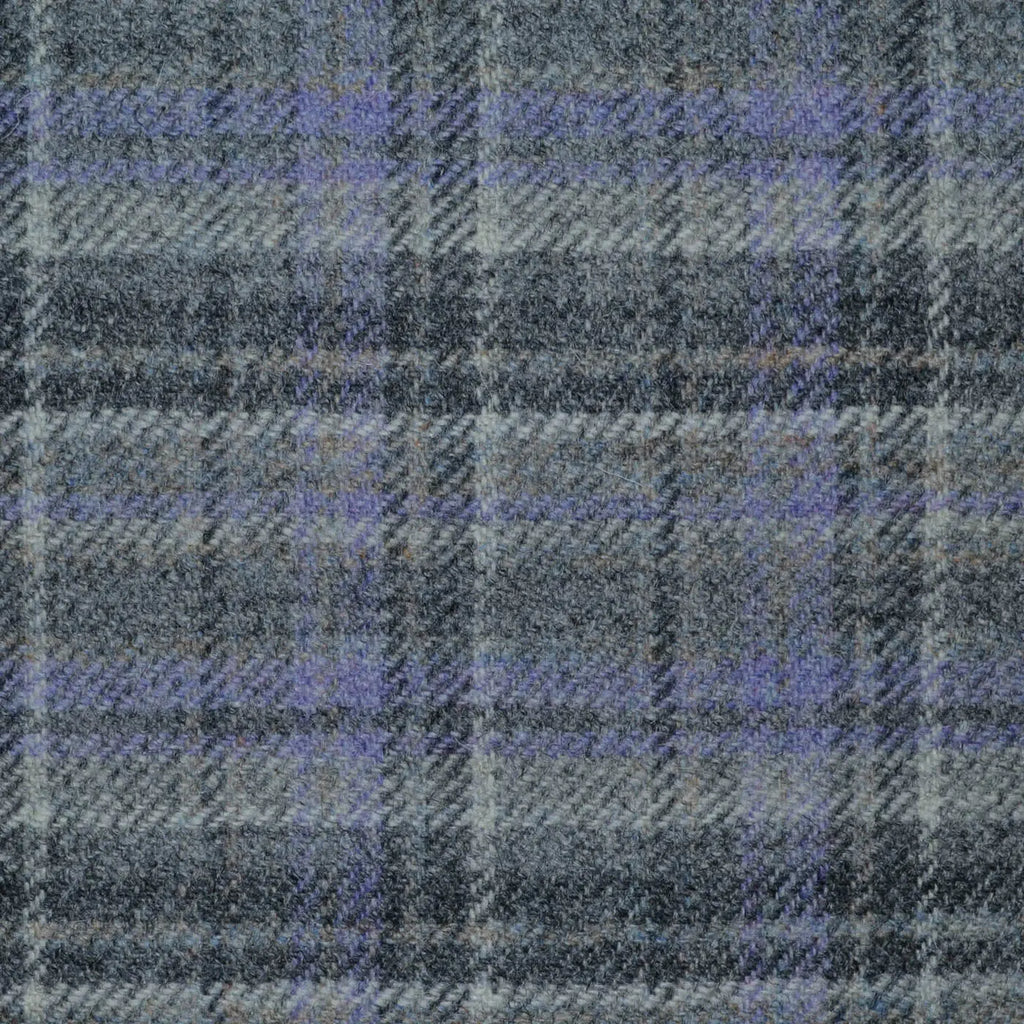 Light Grey, Silver and Dark Grey with Lilac Plaid Check All Wool Tweed