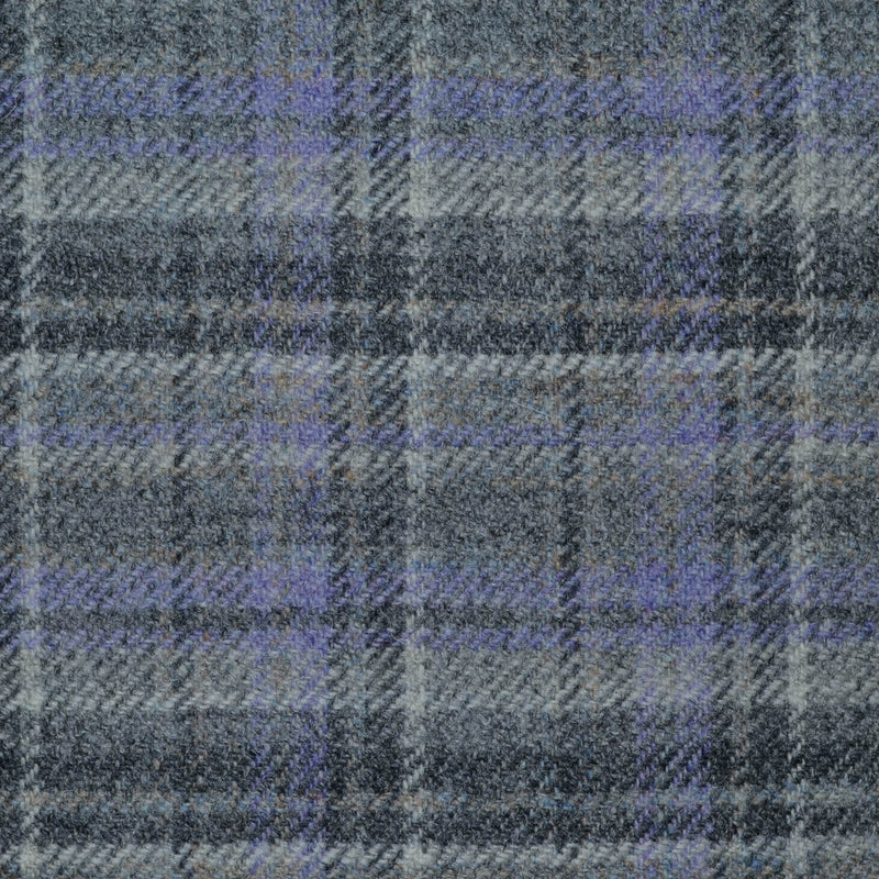 Light Grey, Silver and Dark Grey with Lilac Plaid Check All Wool Tweed