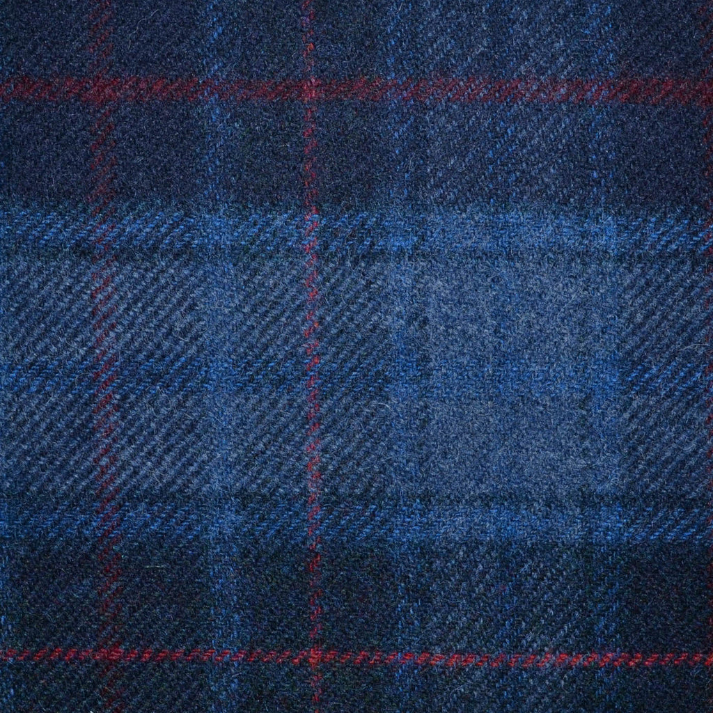 Navy Blue, Air Force Blue with Grey and Red Plaid Check All Wool Tweed