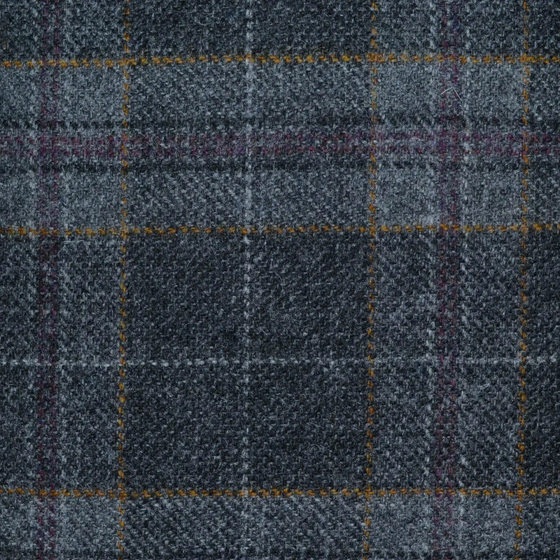 Medium Grey and Dark Grey with Silver, Tan and Bugundy Plaid Check All Wool Tweed