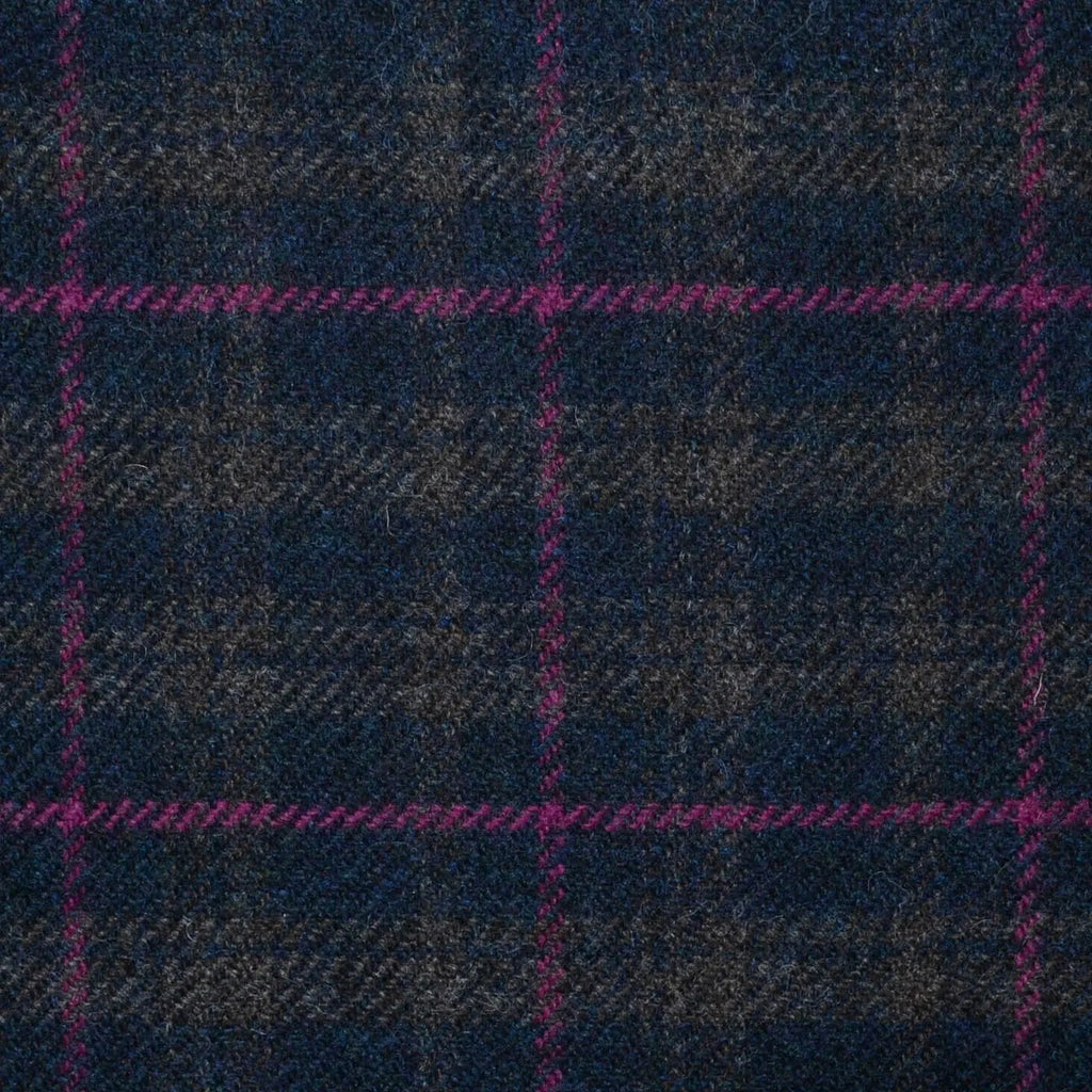 Dark Navy Blue, Moss Green and Brown Check with Pink Window Pane Check All Wool Tweed