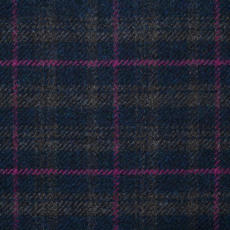 Dark Navy Blue, Moss Green and Brown Check with Pink Window Pane Check All Wool Tweed