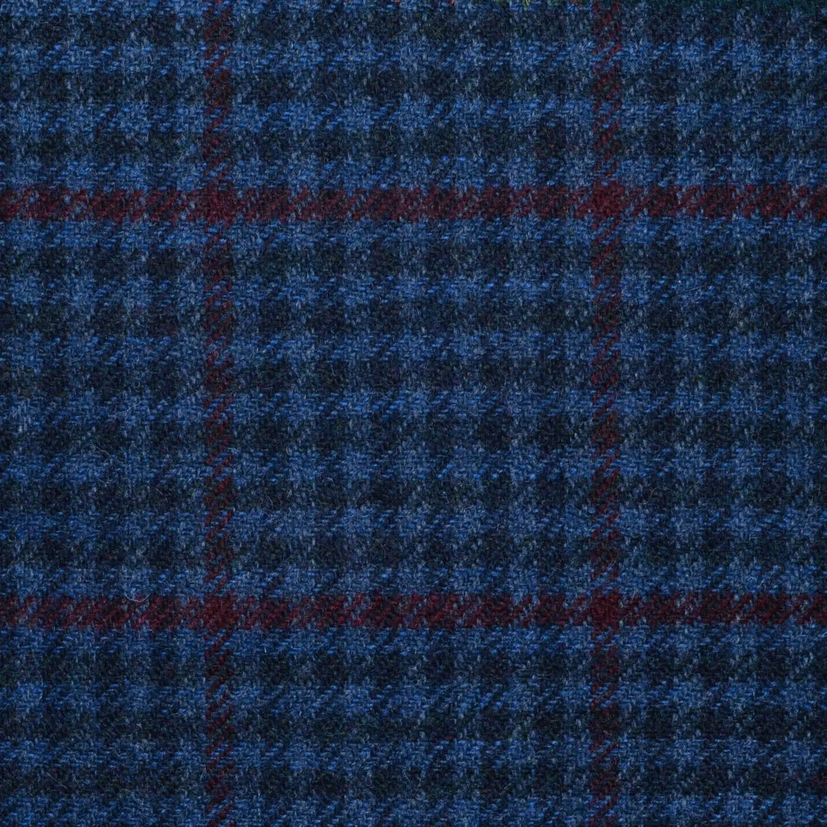 Medium Blue and Navy Blue Gun Check with Burgundy Window Pane Check All Wool Tweed