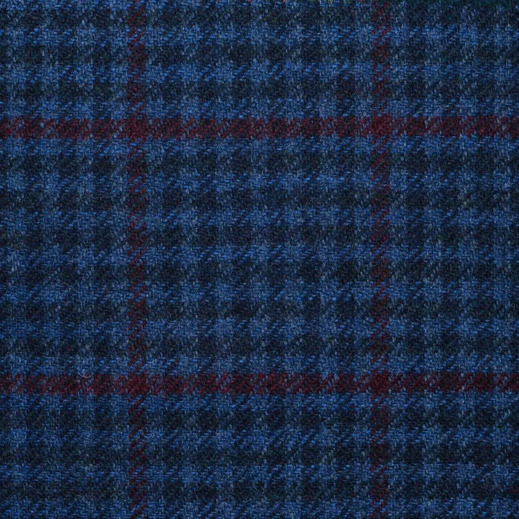 Medium Blue and Navy Blue Gun Check with Burgundy Window Pane Check All Wool Tweed