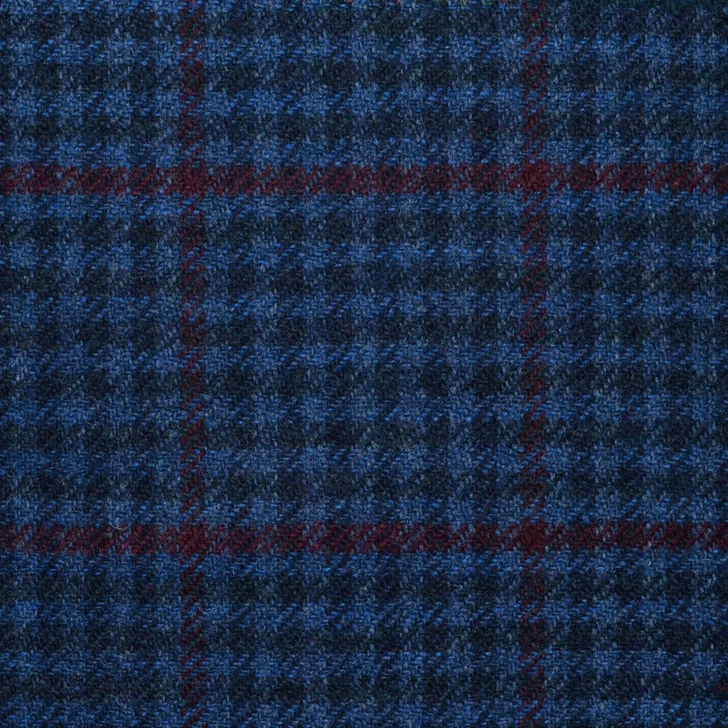 Medium Blue and Navy Blue Gun Check with Burgundy Window Pane Check All Wool Tweed