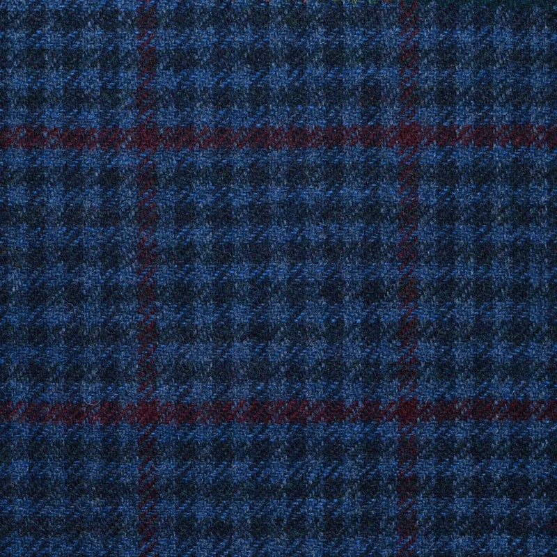 Medium Blue and Navy Blue Gun Check with Burgundy Window Pane Check All Wool Tweed