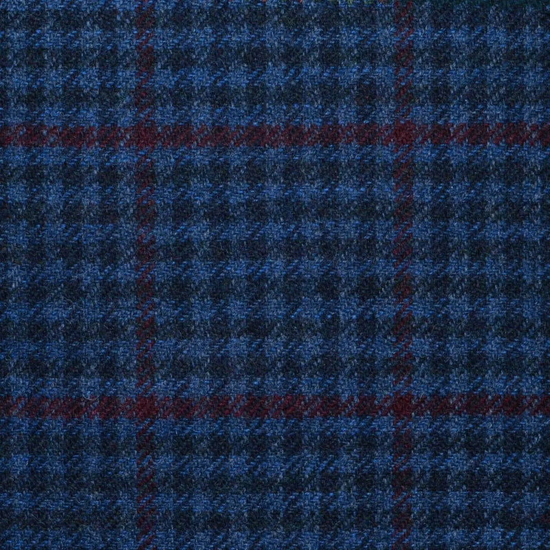 Medium Blue and Navy Blue Gun Check with Burgundy Window Pane Check All Wool Tweed