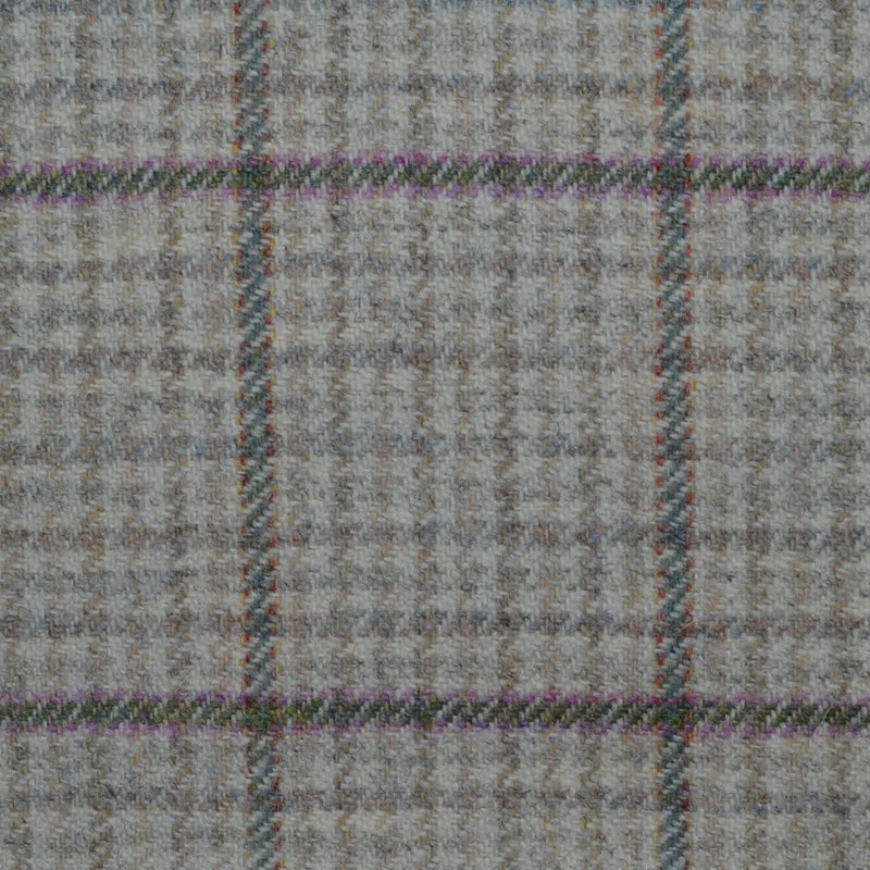 Cream with Beige Small Check with Green and Pink Window Pane Check All Wool Tweed