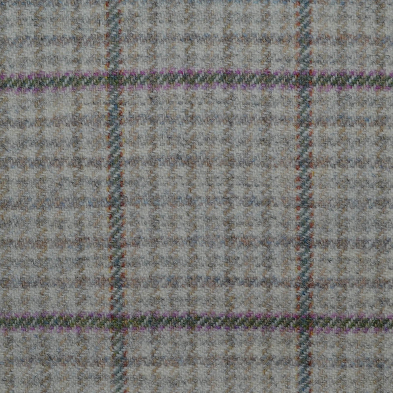Cream with Beige Small Check with Green and Pink Window Pane Check All Wool Tweed
