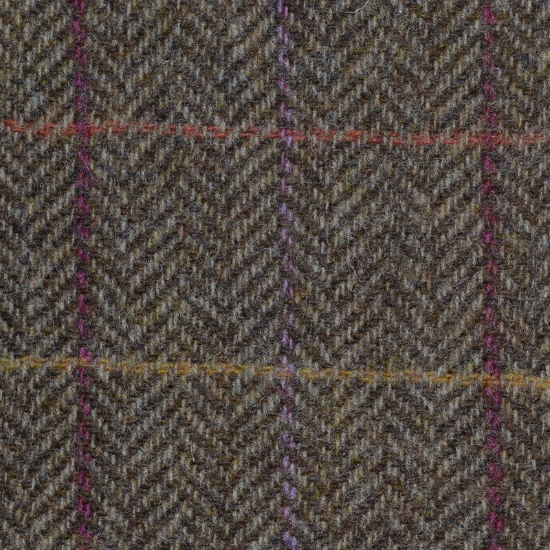 Moss Green Herringbone with Pink, Orange, Purple and Mustard Check Tweed