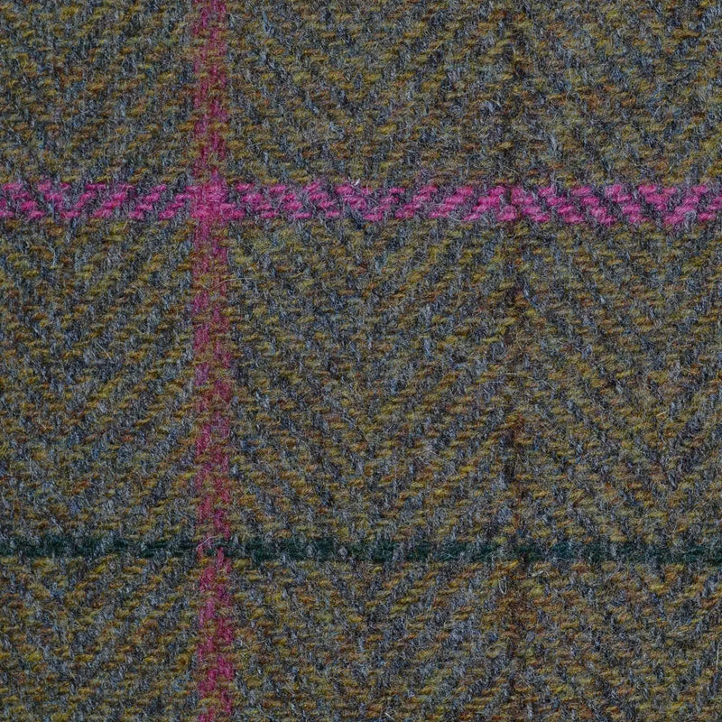 Moss Green Herringbone with Pink, Red, Brown and Green Check Tweed