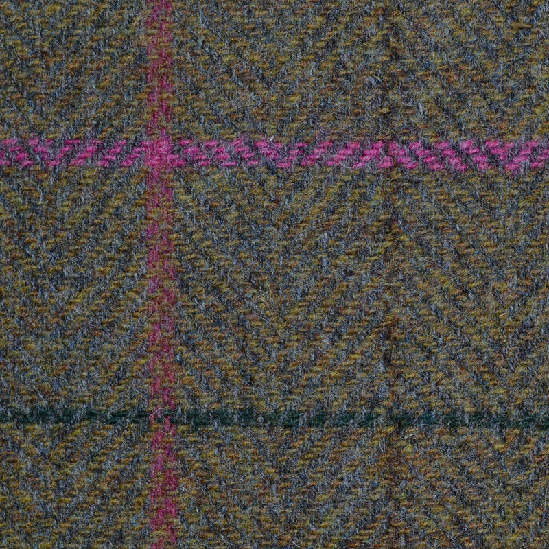 Moss Green Herringbone with Pink, Red, Brown and Green Check Tweed