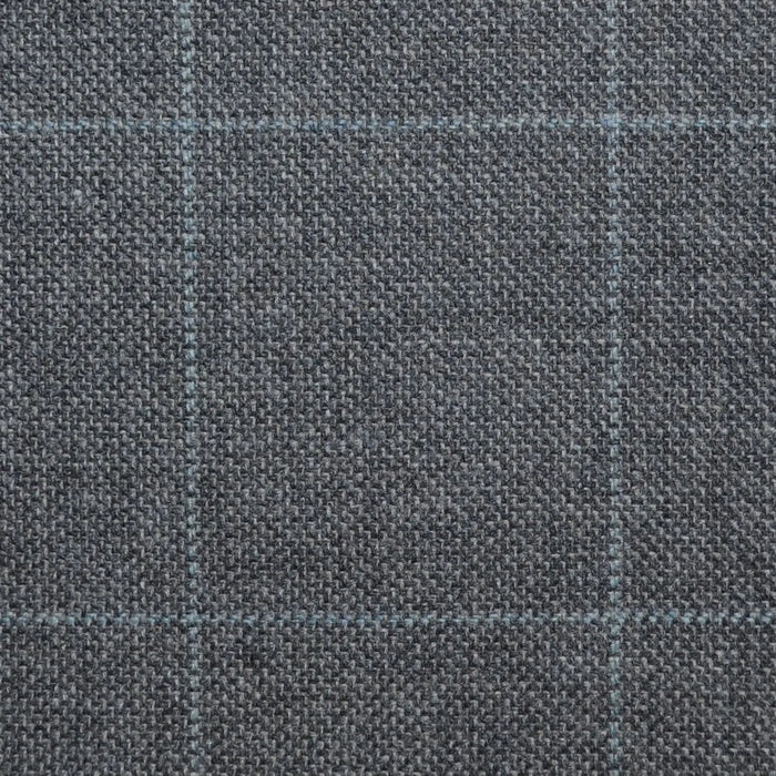 Medium Grey with Pale Blue Window Pane Check Wool, Cotton & Cashmere