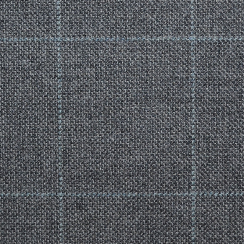 Medium Grey with Pale Blue Window Pane Check Wool, Cotton & Cashmere