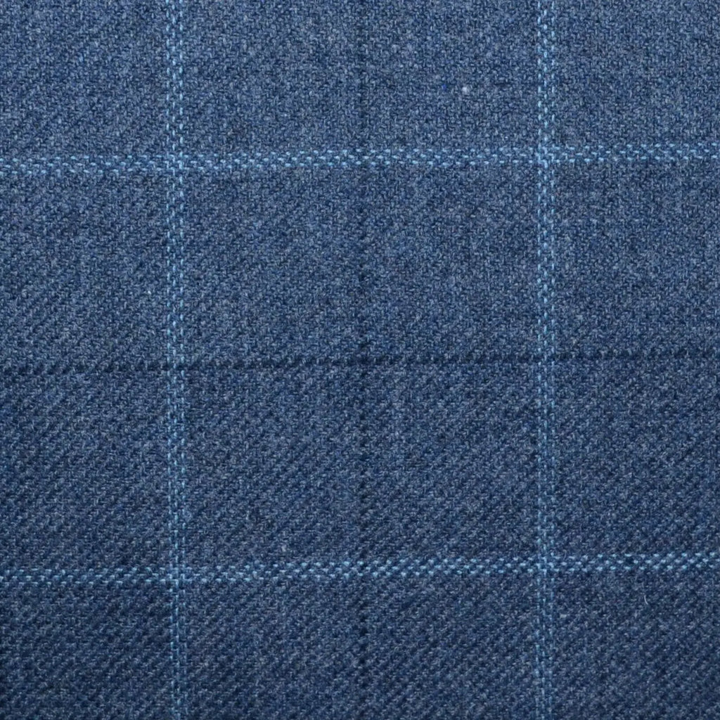 Medium Blue with Light Blue and Navy Blue Multi Check Wool, Cotton & Cashmere