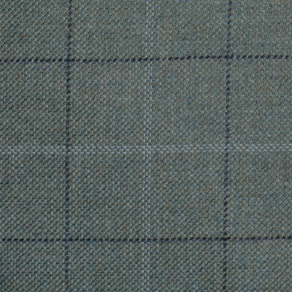 Sea Green with Navy Blue and Light Blue Multi Check Wool, Cotton & Cashmere