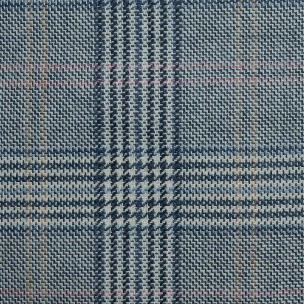 Grey and Blue with Light Brown and Pink Prince of Wales Check Wool, Cotton & Cashmere